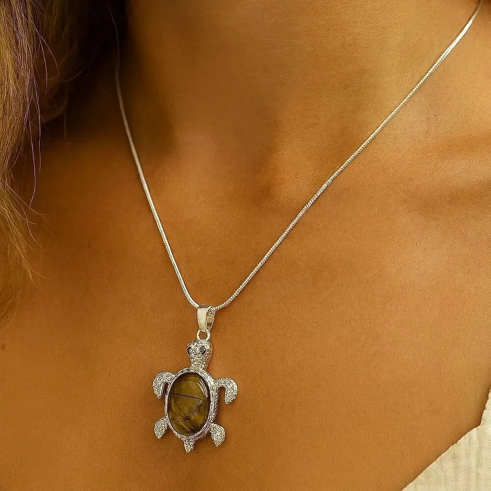 Handcrafted Silver Turtle Pendant Necklace Tiger’s Eye Gemstone Beach Theme Jewe